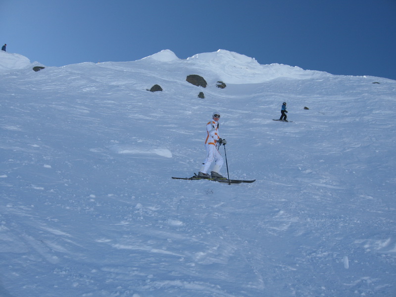 Lucie skiing double blacks at Whistler Peak
